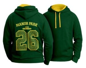 Custom printed leavers hoodie in green with yellow print