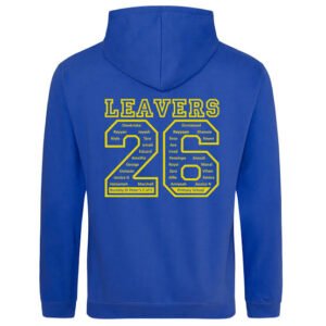 Custom printed leavers hoodie in blue with yellow print