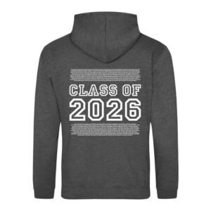 Custom printed leavers hoodie in grey with white print