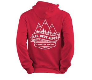 Custom printed leavers hoodie in red with white print